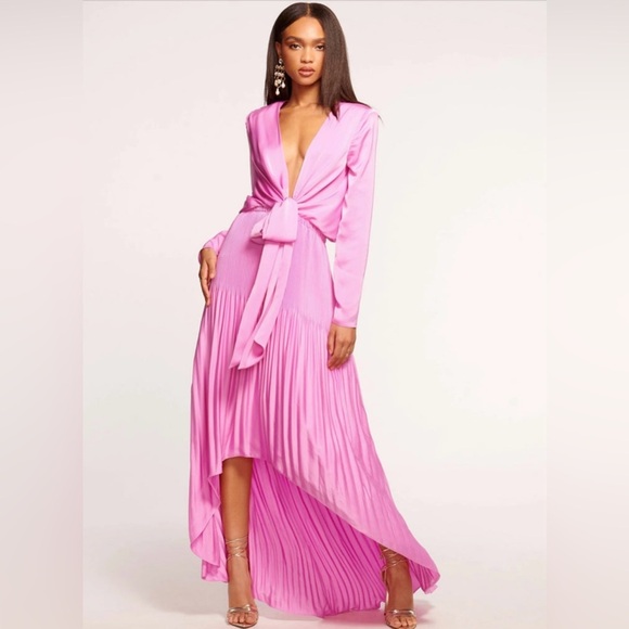 NEW Ramy Brook Zaylee Knotted Bodice Pleated Gown Sz S Pink Plunging Neckline - Picture 1 of 11
